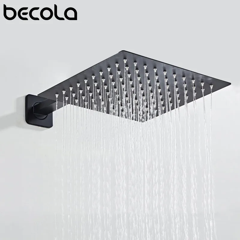 Becola Black Chrome Square Rain Shower Head Ultrathin 2 mm 9inch10インチチョイスバスルーム壁天井マウントシャワーアーム201105