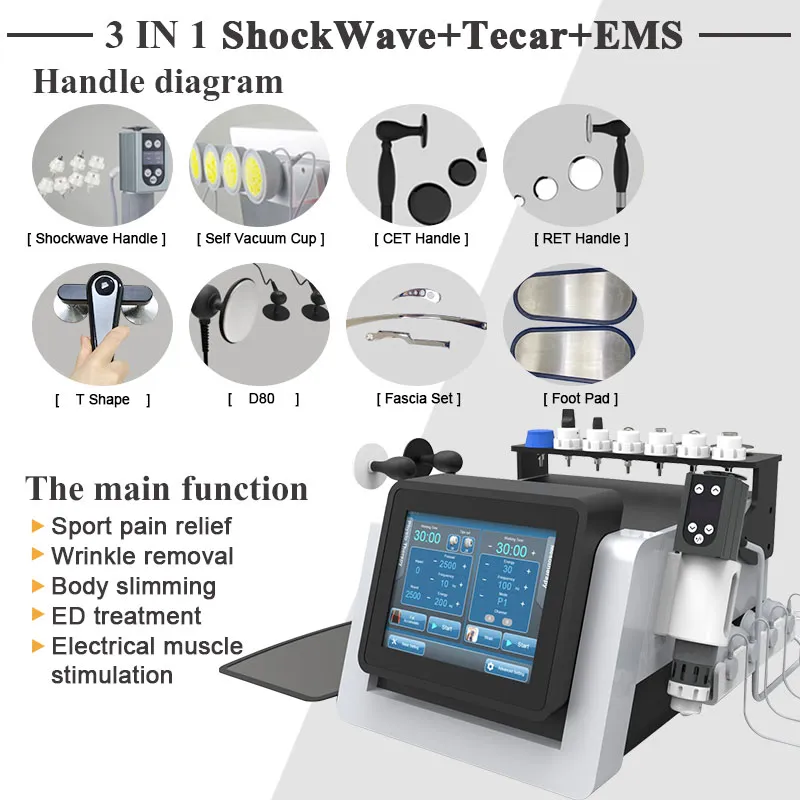 Tecar Ems Ed Shockwave Autre équipement de beauté 400w Diathermie Multifonctionnel Smart Physiothérapie Visage Anti-âge Minceur Traitement de soulagement de la douleur Combiné