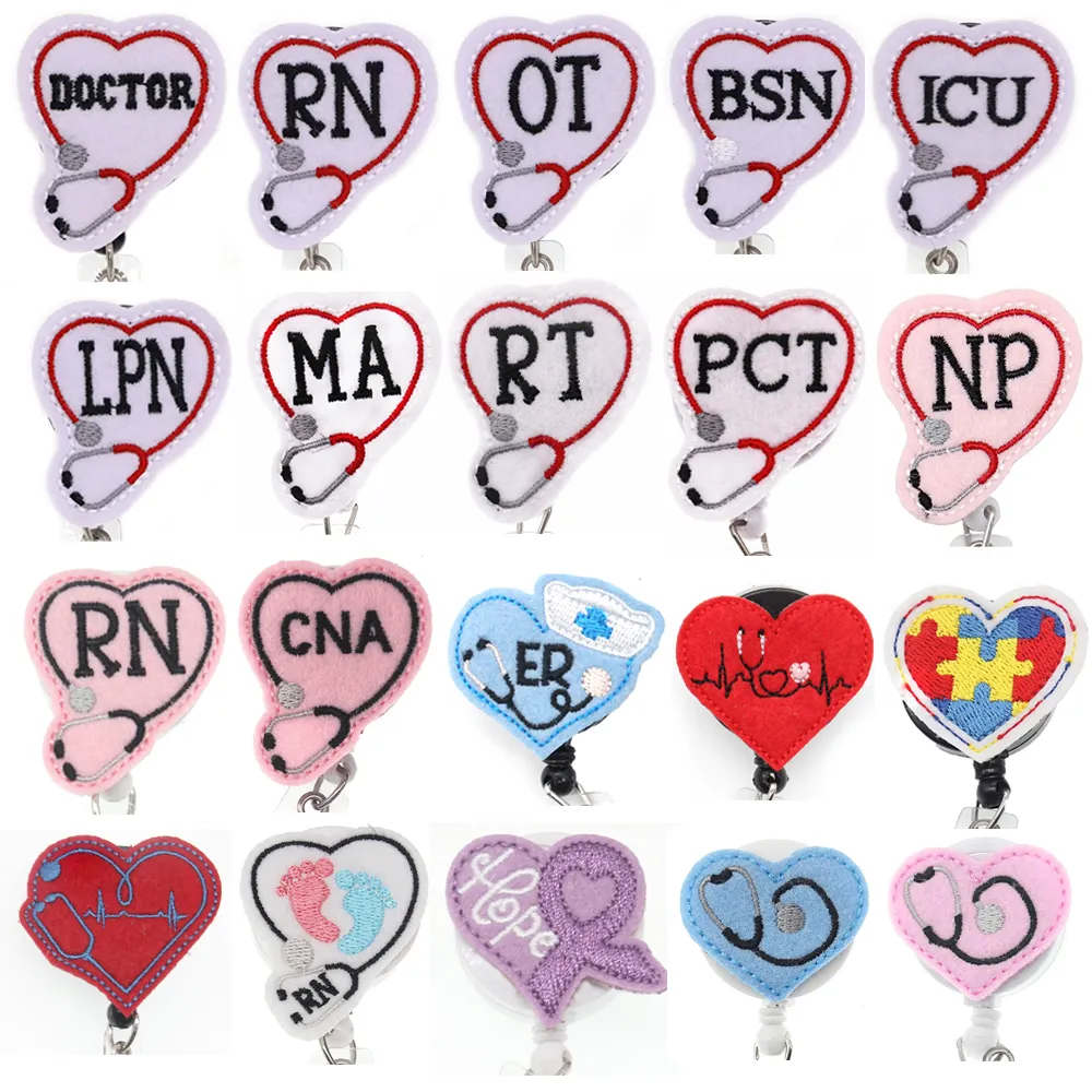 Anpassade nyckelringar EKG Heart Shape Sjuksköterska Utdragbar RN ID -hållare med stetoskop Filt Medical Badge Reel Alligator Swivel Clip