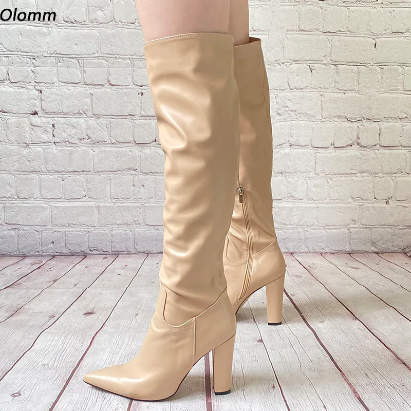 Olomm Style italien femmes hiver bottes au genou mat bloc talons bout pointu Nude noir rouge Boutique chaussures de fête taille américaine 5-15