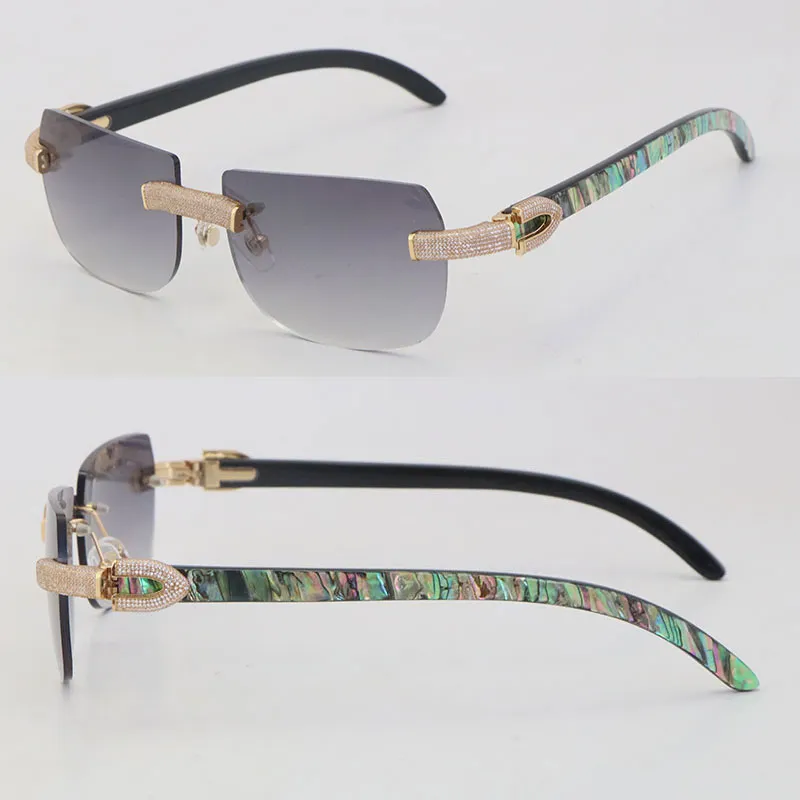 New Model Micro-paved Diamond Sunglasses Original Luxury Seashell Inside Black Buffalo Horn Rimless for Women Sun Glasses 18K Gold Male Female Cat eye Glasses Size 57