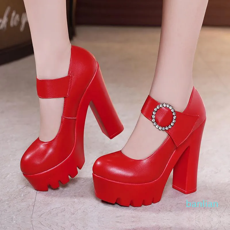 Dress Shoes Block Heels Women Pumps 2022 Spring High Mary Jane White Red Wedding Ladies