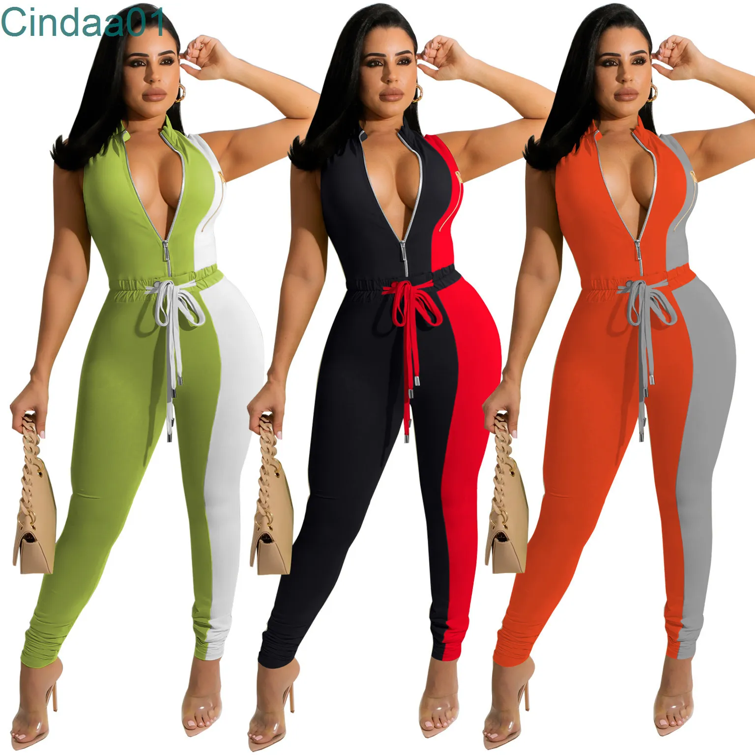 Frauen Enge Hosen Sexy V-ausschnitt Farbe Passenden Mode Lässig Overall Kordelzug strampler S-XL
