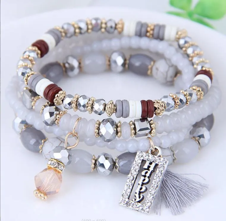 Tassel e feliz gravar fios frisados ​​encantos pulseira artesanal multi cor pulseira de cristal para mulheres atacado conjunto boêmia jóias 6 cores