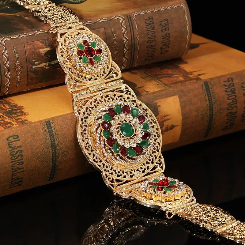 Pasy marokański styl damski pasek złoto czerwony zielony kryształ narodowy suknia ślubna metalowy łańcuch talii arabski body biżuterii
