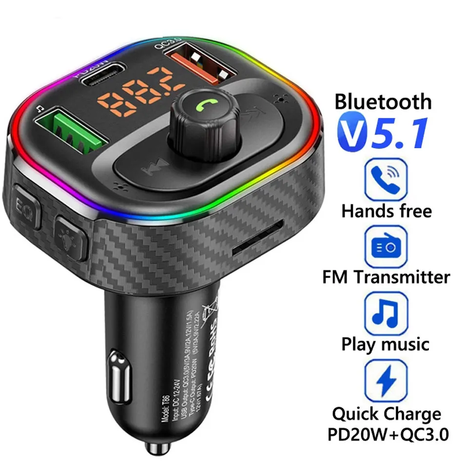 T86 Kit per auto Bluetooth Trasmettitore FM Lettore MP3 Tipo C PD 20W USB QC3.0 Caricatore per auto a ricarica rapida Vivavoce