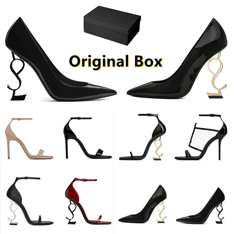 النساء الفاخرة عالية الكعب اللباس أحذية المصمم أحذية رياضية براءة اختراع جلدية الذهب لهجة ثلاثية أسود نودس نساء سيدات الصنادل الحزب