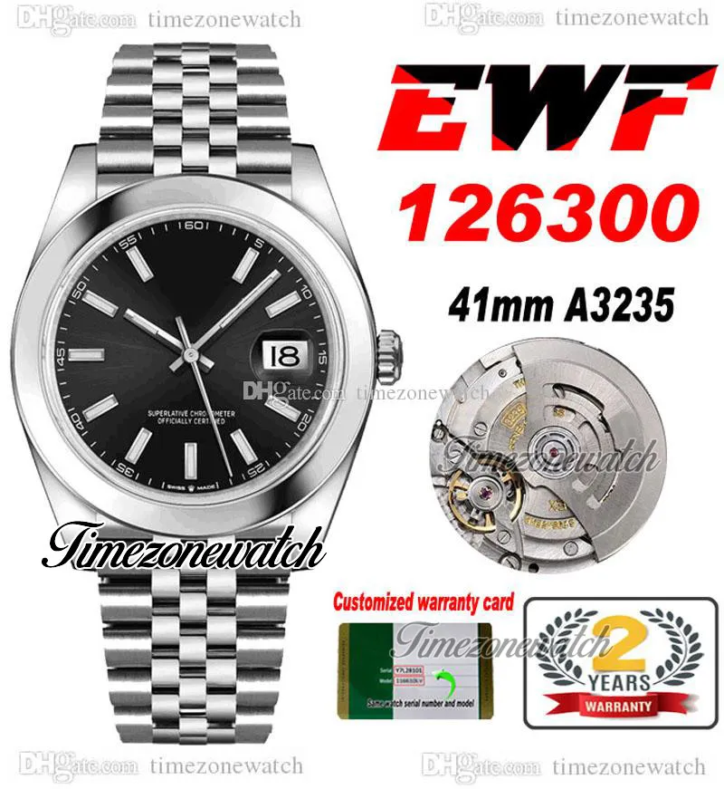 EWF 41 126300 A3235 Orologio automatico da uomo Lunetta lucida Quadrante nero Indicatori a bastone Jubilee Bracciale in acciaio con la stessa scheda seriale Super Edition Timezonewatch A1