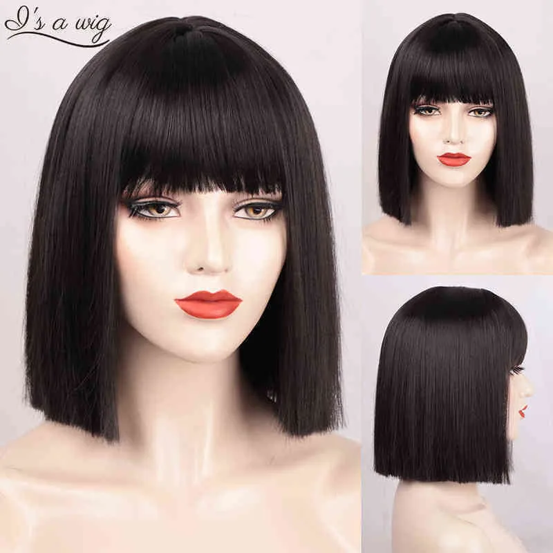 Parrucche sintetiche per capelli Cosplay I's a Wig Parrucche sintetiche Parrucca corta diritta nera con frangia Bob per donne Rosa Rosso Viola Marrone Capelli cosplay Uso quotidiano 220225