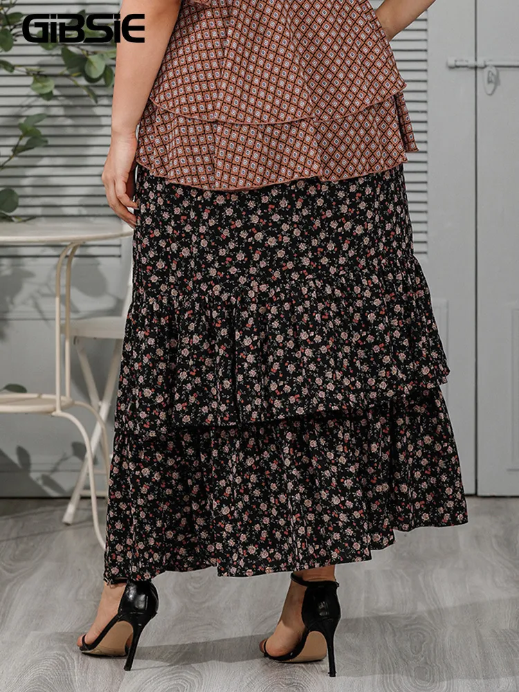 Maxi Skirt Layered Ruffle Hem Skirt Floral Print Maxi Skirt For