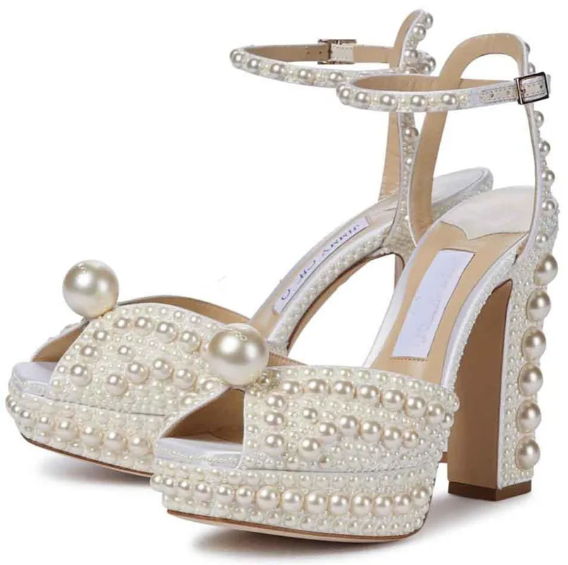 Elegant brud bröllopsklänningskor sacora dam sandaler pärlor läder lyx varumärken höga klackar kvinnor som går med låda eu34-43
