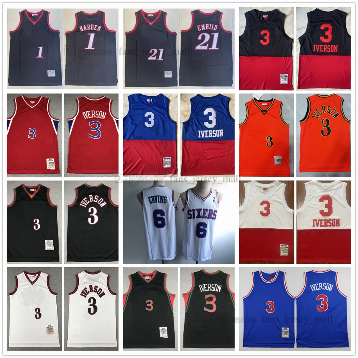 Retro baskettröjor 6 Julius 3 Allen Erving Iverson 21 Joel 1 James Embiid 96-97 03-04 Stitched Herr Jersey Custom Women Youth