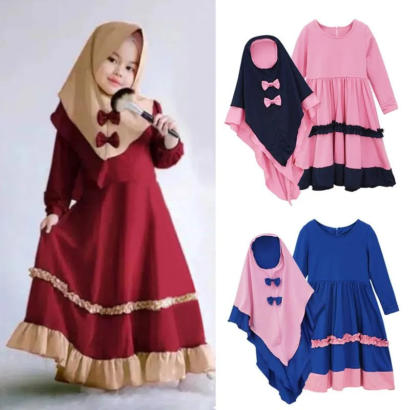 Этническая одежда мусульманин 2 штуки подставка для девочек платье принцессы дети абая хиджаб химар Никаб Бурка Джилбаб Исламское Молитвенное платье Кафтан Рама