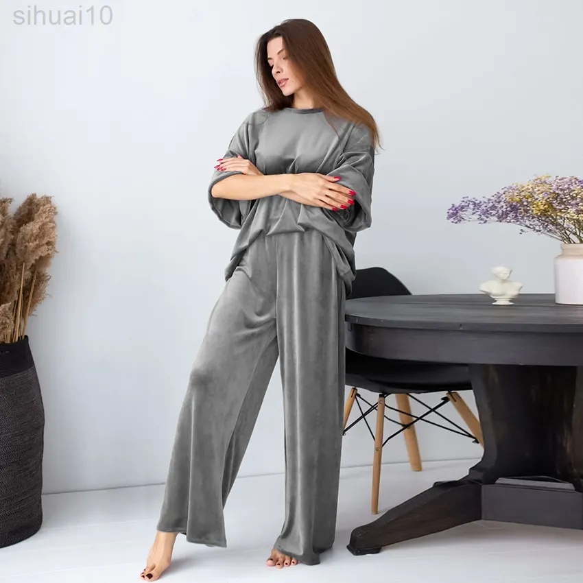 Hiloc Velvet Pants Suits Drop Sleeve Set Womens Oufits Solid Nightwear Wide Leg Pants Nightgown Pyjamas For Women Nightwear L220803