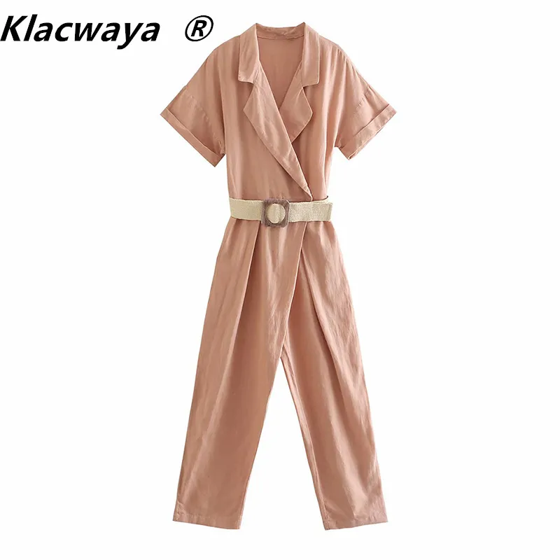 Vrouwen turndown kraag vaste kleuren vleugels enkellengte jumpsuits chic dames korte mouw casual zakelijke randeling 210521