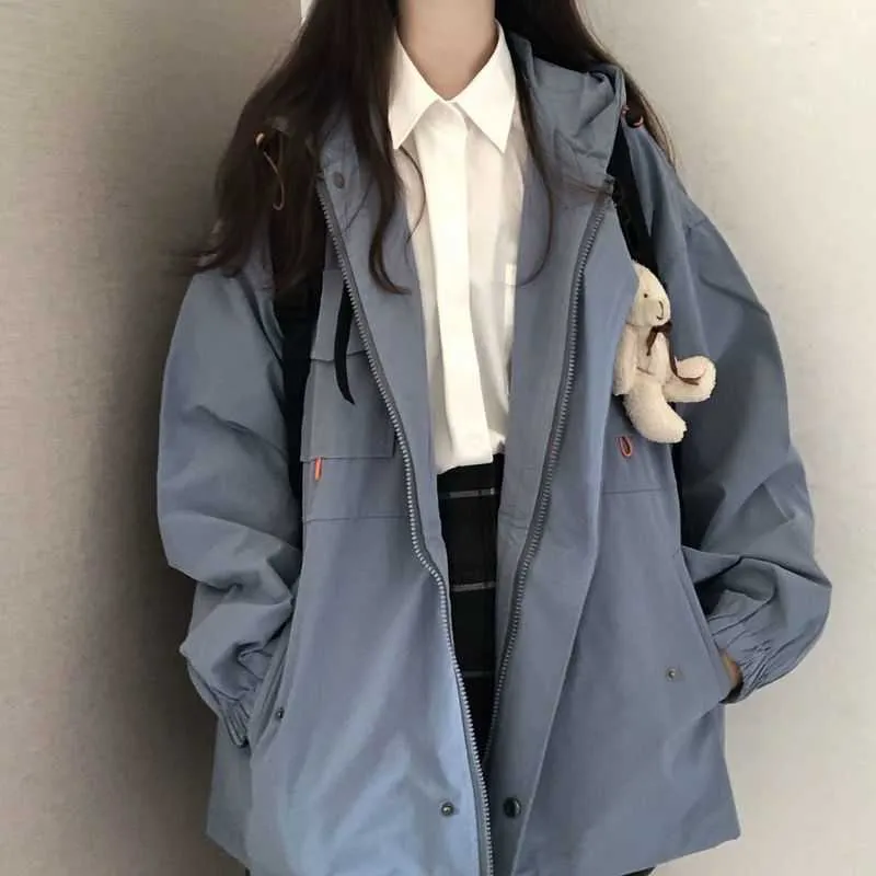 Techwear jacket Women Korean loose unisex long-sleeved hooded preppy solid color jacket all-match casual student coat streetwear