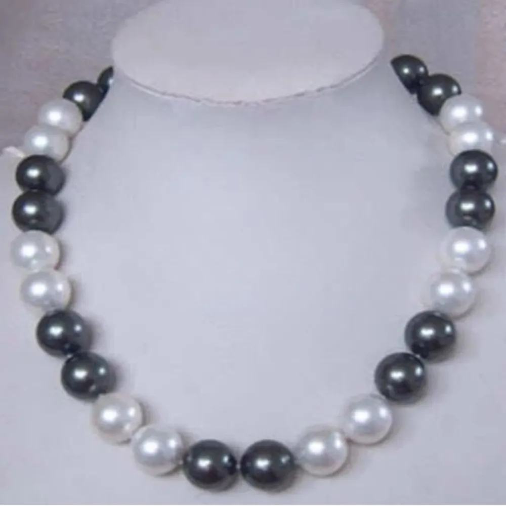 Hand knuten halsband naturlig 12mm svart vit skal pärla tröja kedja rund pärla 18 tum
