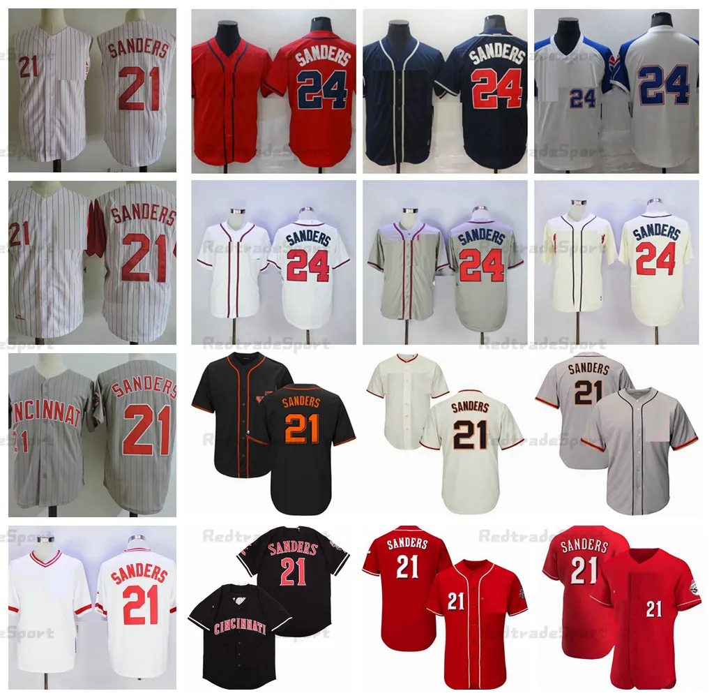 Vintage Deion Sanders #24 Baseball Jerseys Mens SF Atlanta Cincinnati 1991 Red Blue Stitched Shirts