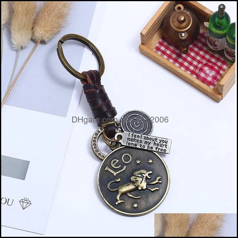 Zodiac Sign Keychains for Men Women Genuine Real Leather 12 Constellations Vintage Gold Color Metal Alloy Keyring Car Key Chain Holder