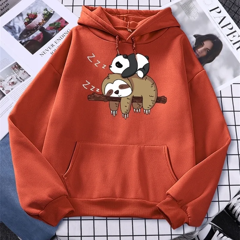 Panda Lying On A Sloth Prints Womens Sweatshirt Fleece Warm Hooded Casual Autumn Hoodies Simple Oversize Men Sportswear 220811