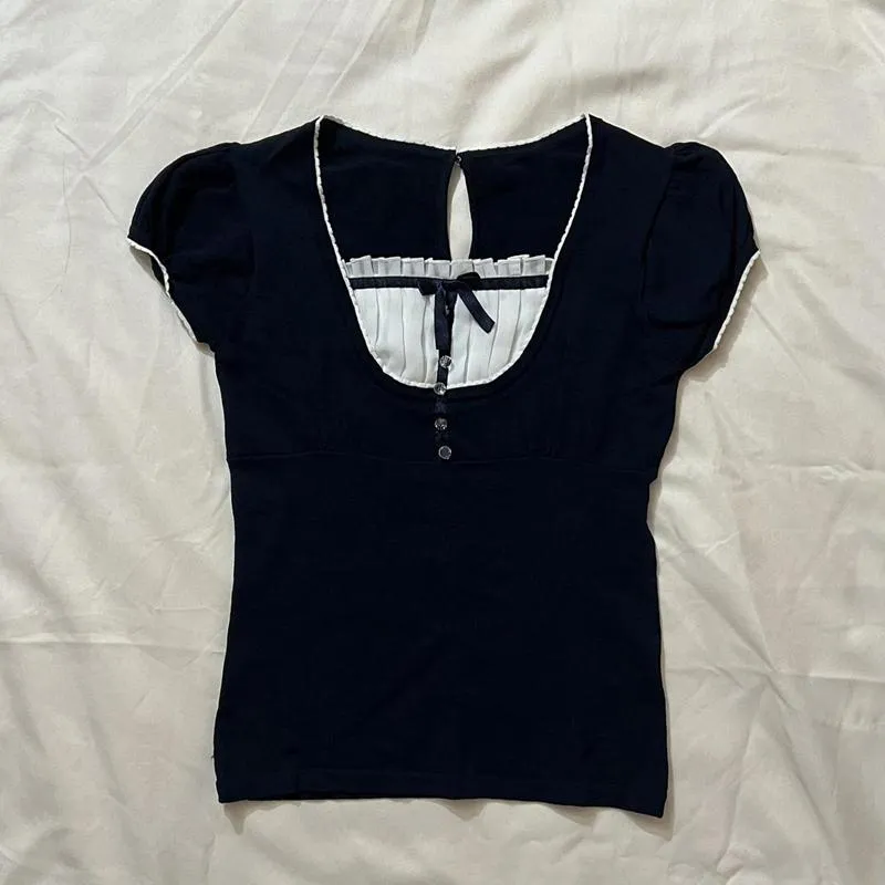 女性のTシャツY2Kビンテージミルクメイドトップ韓国のプレッピーカワイイ弓作物パッチワークスクエア襟パフスリーブ原宿グランジ女性