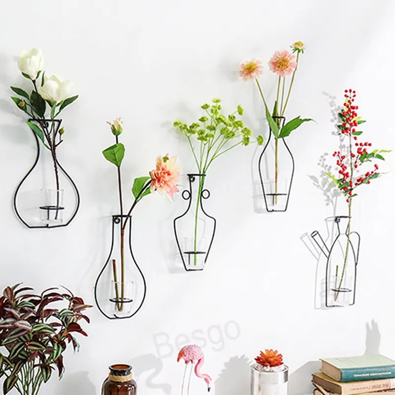 Creative Wall Decor Hanging Vase Home Decoration Iron Wire Glass Water Planting Vases Living Room Party Decorative Flowers Vases BH7199 TQQ