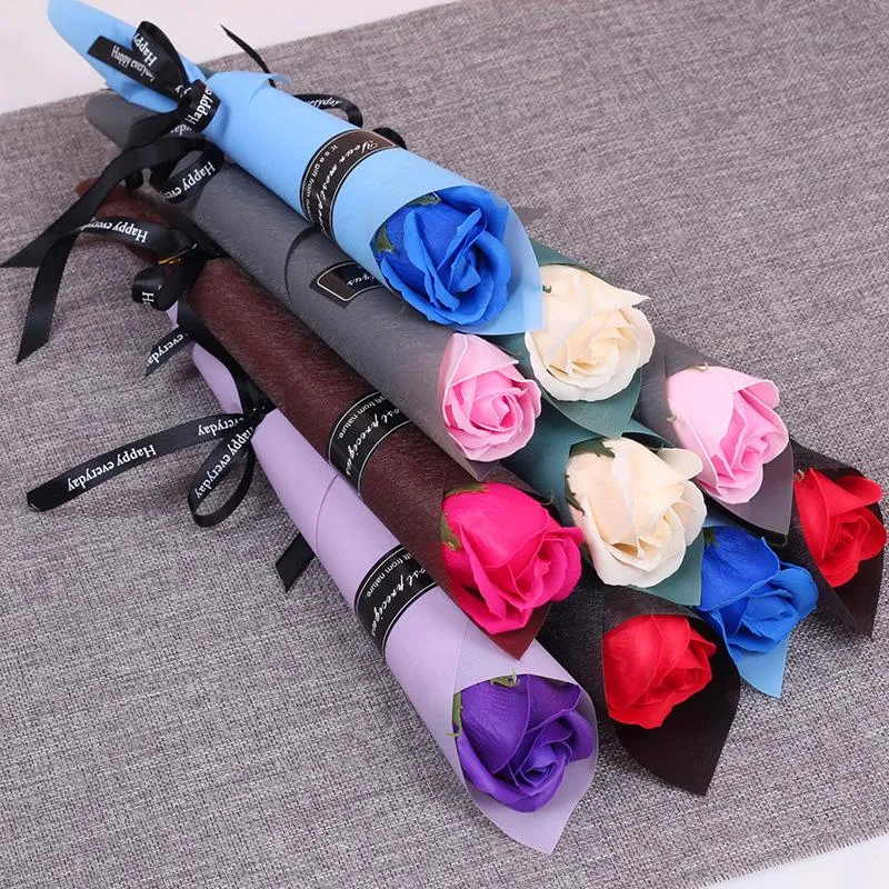 Couronnes De Fleurs Décoratives 5Pcs Savon Rose Bouquet Saint Valentin Cadeau Pour Fridend Fourniture De Mariage Décorations Pour La Maison Tenant Artificielle Flowe