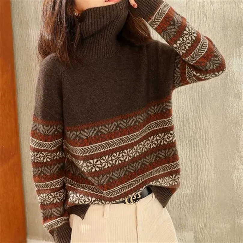 Turtleneck cashmere sweater women loose casual jacquard knitted bottoming top pullover 100%WOOL sweater women autumn winter 201222