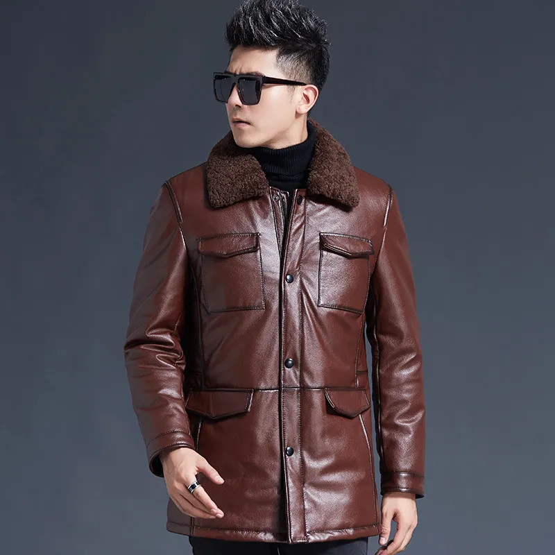 Men's Genuine Leather Down Jacket Wool Fur Collar Autumn Winter Warm Coat Thick Outerwear Overcoat Waterproof Jackets Windbreaker Plus Size Black Brown