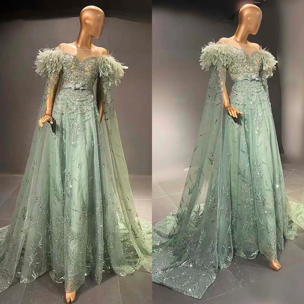 Green Glitter Lace Sequin A-line evening wear dresses...