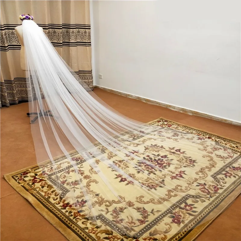 Imagen física elegante boda velo de 3 metros de largo Soft bifurcado con velo con peine blanco 1 capas de color marfil novia