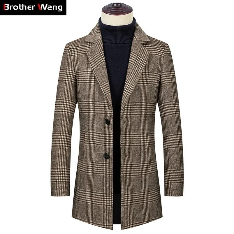 Vinter nya män s Houndstooth Wool Coat Fashion Casual Thicken Slim Fit Long Overcoat and Jacket Mane Brand Coffee Plaid LJ201110