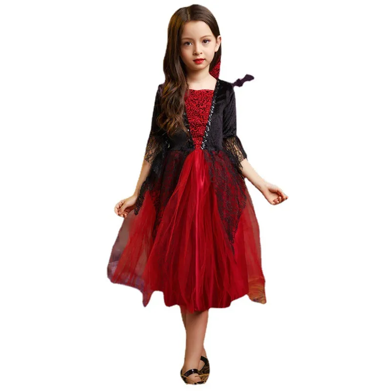 Girl's Dresses Children Halloween Cosplay Costumes Veiled Vampire Princess Dress Girl Ghost Scary Cape Costume Clothing D011