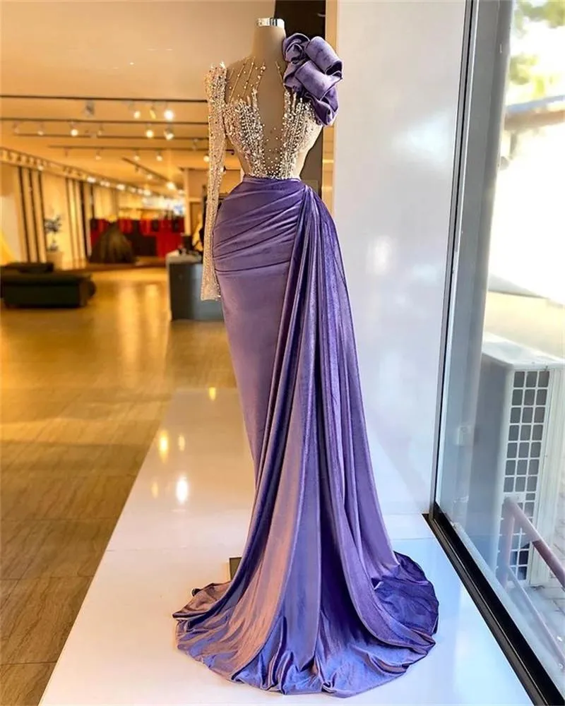 Purple Velvet One Shoulder Evening Dresses Beaded Ruffles Formal Dress For Women Elegant Mermaid Pleats Robe De Fiesta BC14029