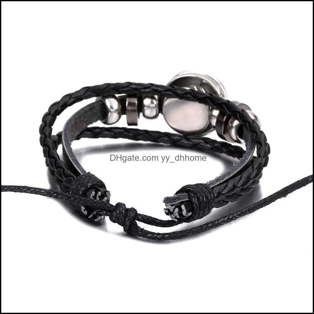 New Arrival 12 Constellations Luminous Bracelet Punk Black Leather Zodiac Bracelets Alloy Bead Snap Buttons Charm Jewelry For Women And