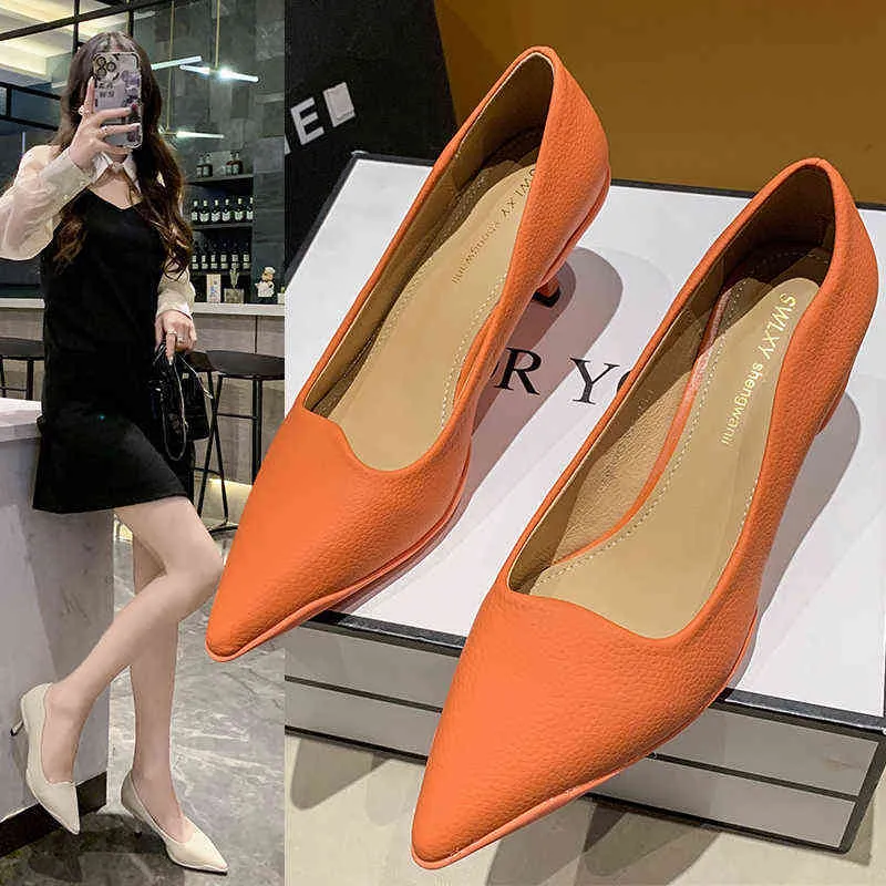 Big Size Brand äkta läder spetsiga tåskor Sexig tunn högklack pumpar nya kvinnors skor grunt svart vit grön orange G220516