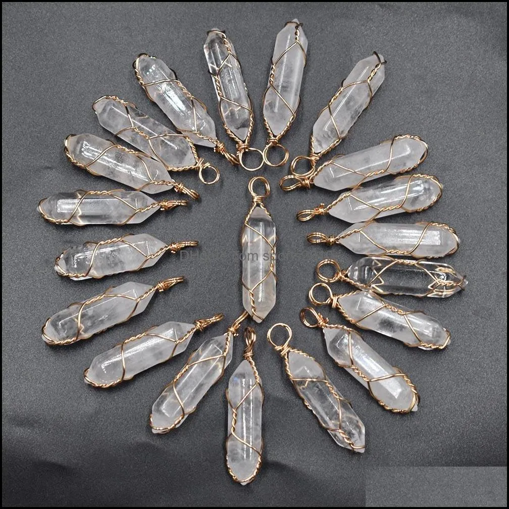 gold copper wire natural stone white crystal charms hexagonal healing reiki point pendants for jewelry making