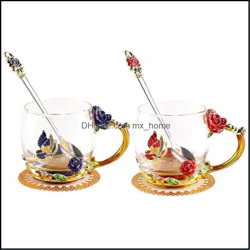 Wine Glasses Enamel Rose Glass Cup With Exquisite Handle And Spoon 3D Butterfly Milk Juice Mug Flower Tea Wedding Gift