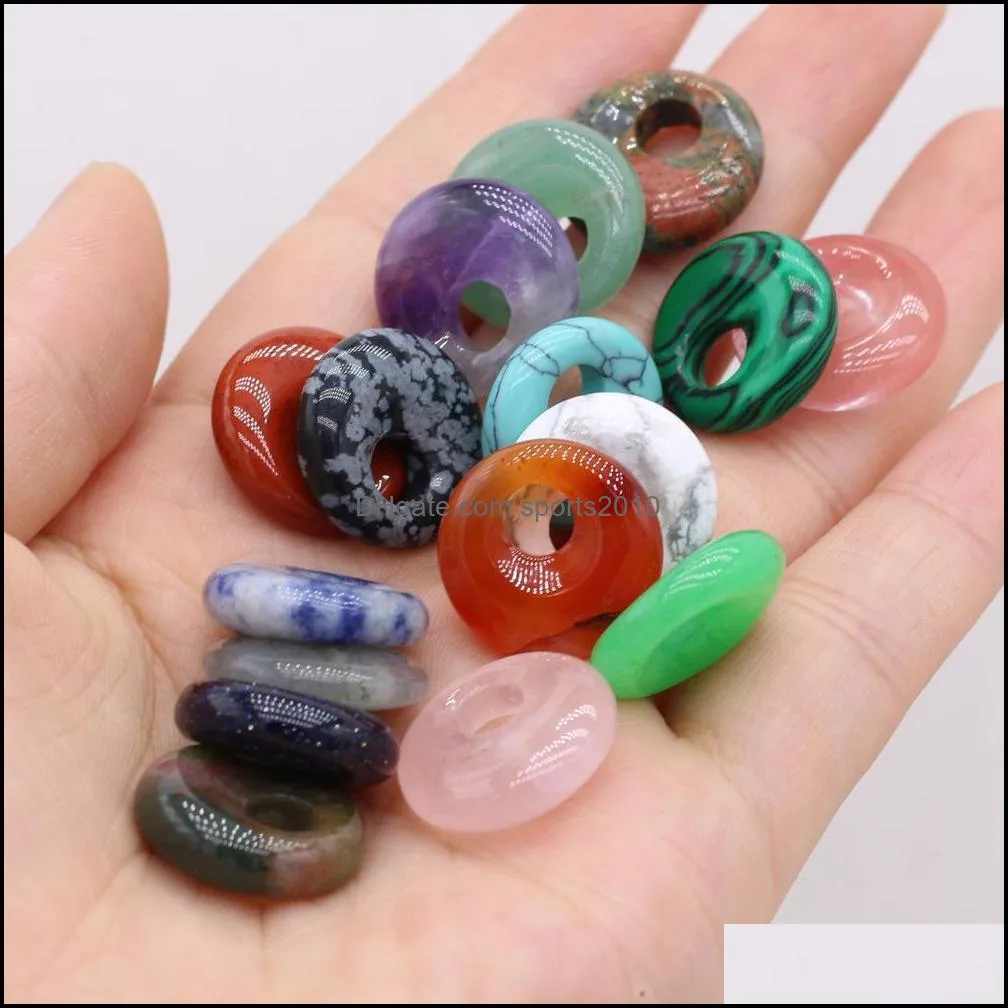 18mm natural semi-precious stone 5.5mm hole circle buckle charms rose quartz healing reiki crystal pendant diy necklace earrings women fashion jewelry finding