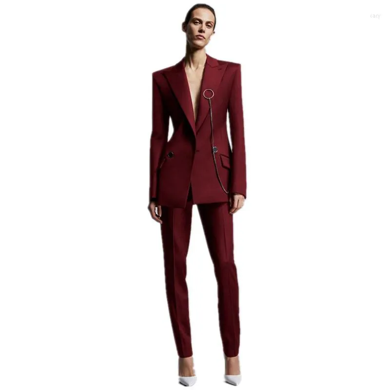 Dames tweedelige broek Wijn Red Jacket Damesbedrijfspakken kantooruniform ontwerpen vrouwen elegante formele dames broekpak 2 sets cu