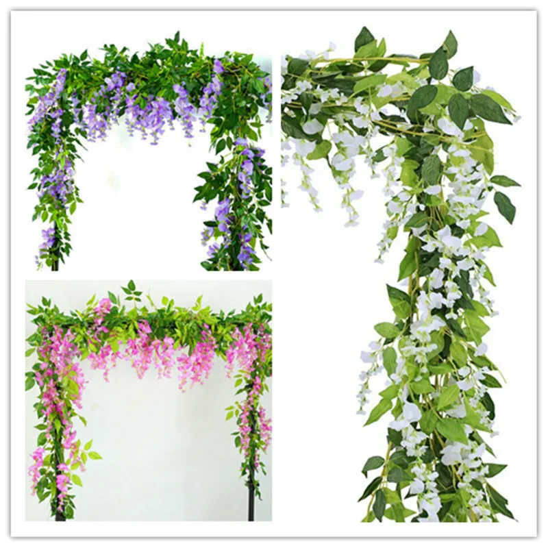 Dekorative Blumenkränze, 2 x 2,1 m, künstliche Glyzinien-Rosen-Girlandenpflanzen 220823