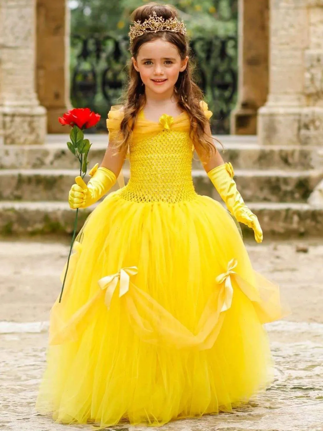 Girls Yellow Bella Tutu Dress Kids Vintage Tulle Ball Gown With Long Gloves Children Cosplay Party Costume Princess
