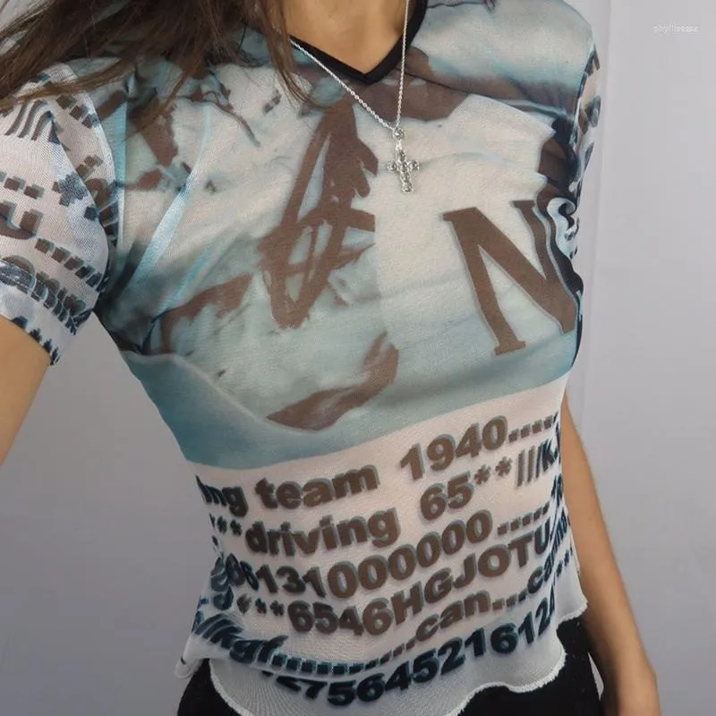 T-shirt feminina impressão vintage de manga curta Mesh top feminino Veja através de camiseta sexy de verão harajuku tops cortados tees roupas phyl22