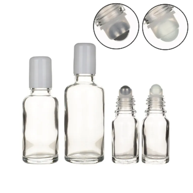 Clave de embalagem vazia Garrafa de vidro branca tampa de parafuso de petróleo de óleo essencial Rolos de aço portátil recipiente de embalagem cosmética portátil 5ml 30ml 50ml 20ml 30ml 50ml 100ml