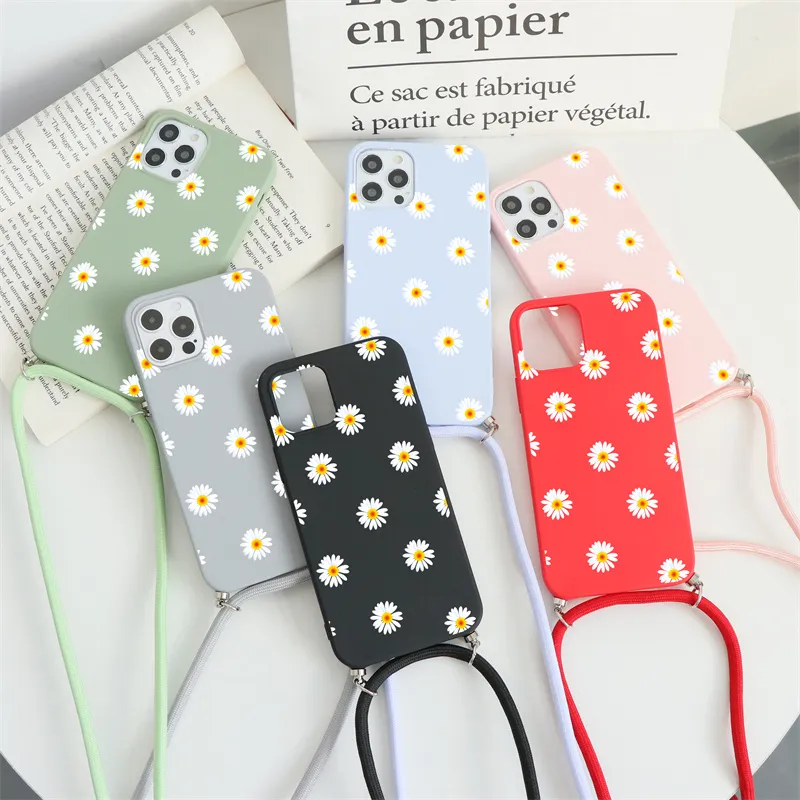 Soft TPU Cases For Xiaomi Poco X3 NFC F3 Mi 10T A3 9T Redmi Note 10 9 8T 8 7 Pro Lite 9S 9A 7A Necklace Lanyard Rope Daisy Cover