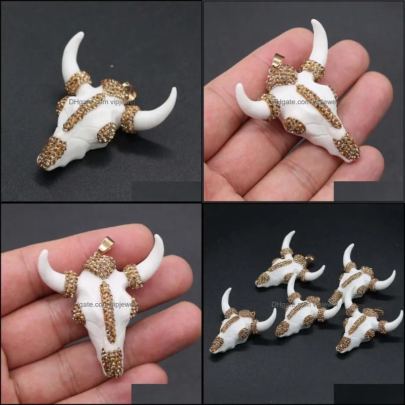 Pendant Necklaces White Bull Bone Pendants Cow Head Skull Charms With Crystal Rhinestone For DIY Necklace Jewelry Making GiftPendant