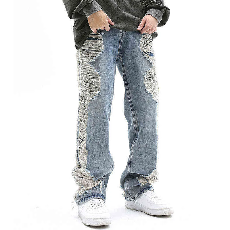 High Street Yırtılmış Sıkıntılı Yıkalı Mavi Delik Erkek Kot Pantolon Düz Retro Harajuku Cepleri Bolca Sıradan Denim Pantolon T220803