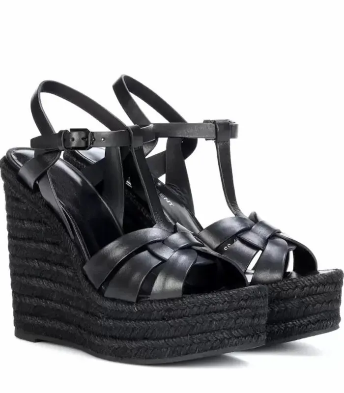 Sommar Dam sandal högklackat kilar skor Tribute läder kil espadrillesandaler Lyxdesign sommarklackat svart vitt läder pumpbox 35-43