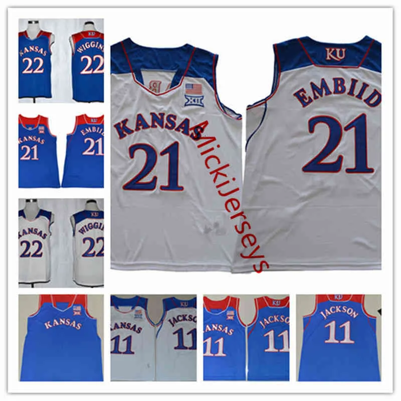 XFLSPカレッジカスタムKU KANSAS JAYHAWKS STITCHEカレッジバスケットボールジャージアンドリューウィガンジョエルEMBII UDOKA Azubuike Ochai Agbaji Kyle Cuffe Jr.