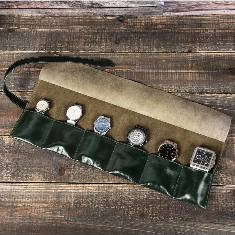 Bekijk dozen Cases 6 Slot Oil Nubuck Cowhide Box Watches Roll Travel Case Chic Portable Vintage Storage Pouch Organizer